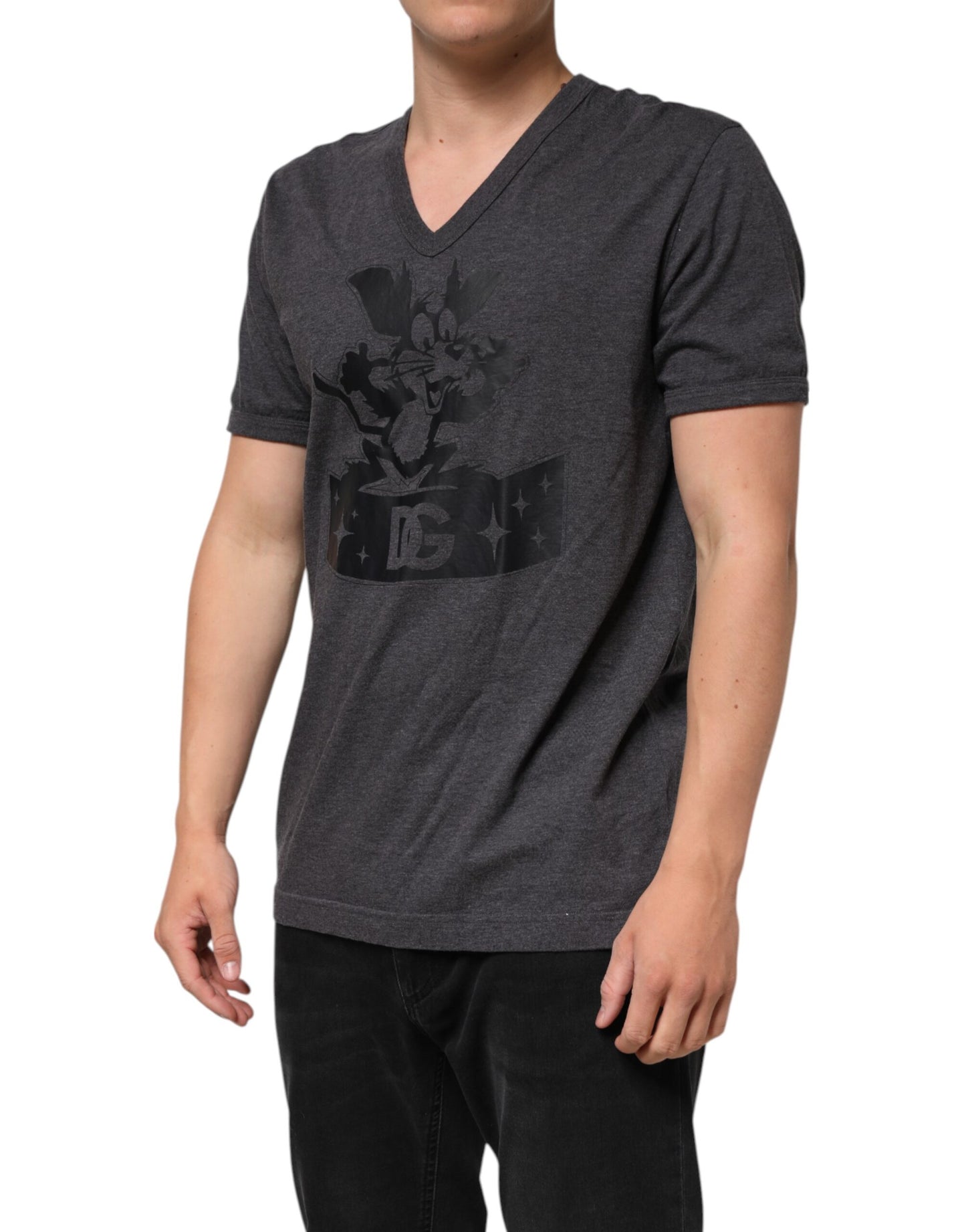 Dolce & Gabbana Schwarzes anthrazitfarbenes DG-Logo V-Ausschnitt Herren-T-Shirt
