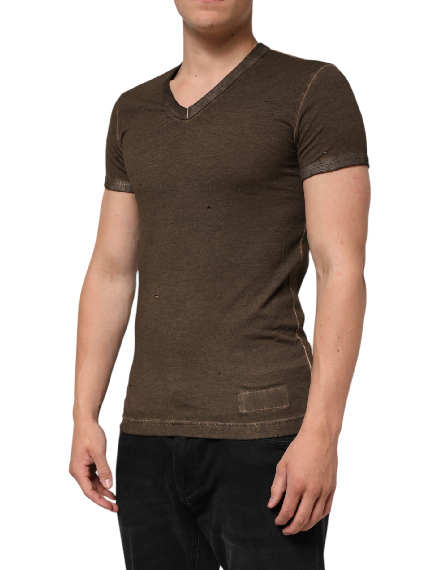 Dolce & Gabbana Dunkelbraunes T-Shirt mit zerfetztem Logo aus Baumwolle für Männer