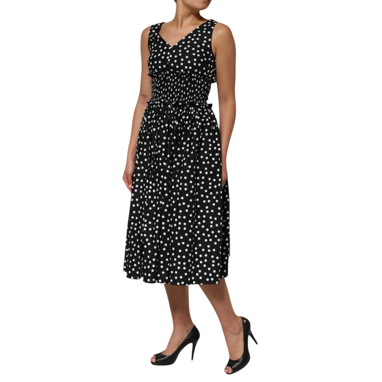 Dolce & Gabbana Schwarz Weiß Baumwolle Polka Dot Print V-Ausschnitt Kleid
