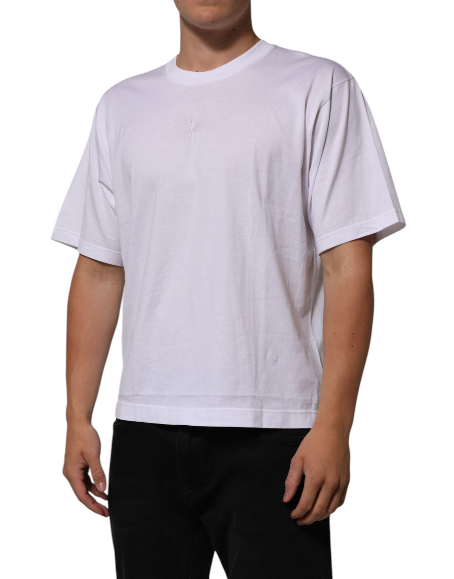 Dolce & Gabbana Weißes Baumwoll-Logo-Patch Rundhalsausschnitt Herren-T-Shirt