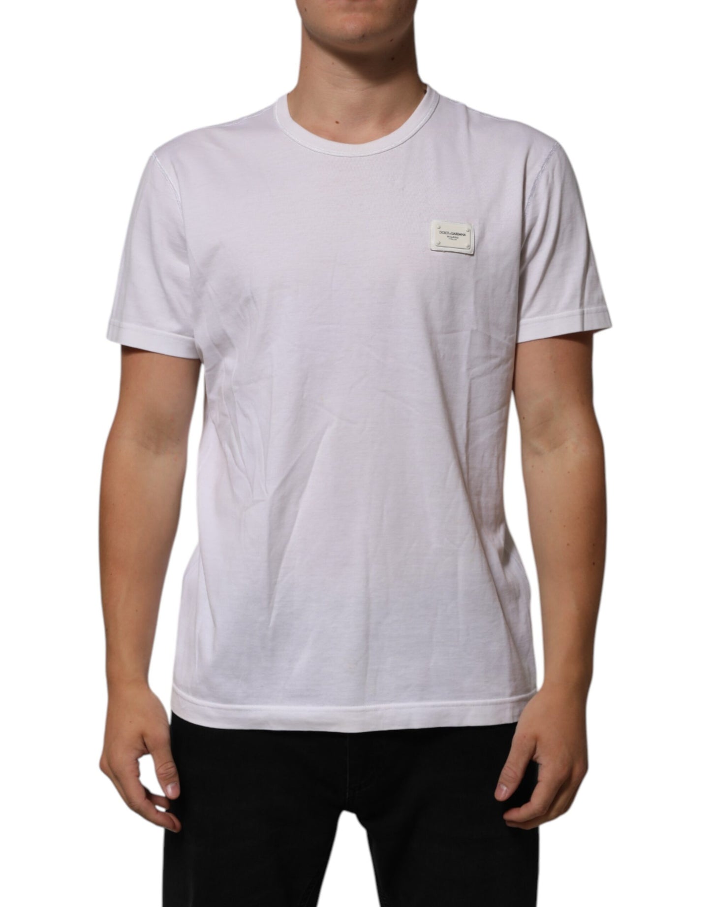 Dolce & Gabbana Weißes Baumwoll-Logo-Patch Rundhalsausschnitt Herren-T-Shirt