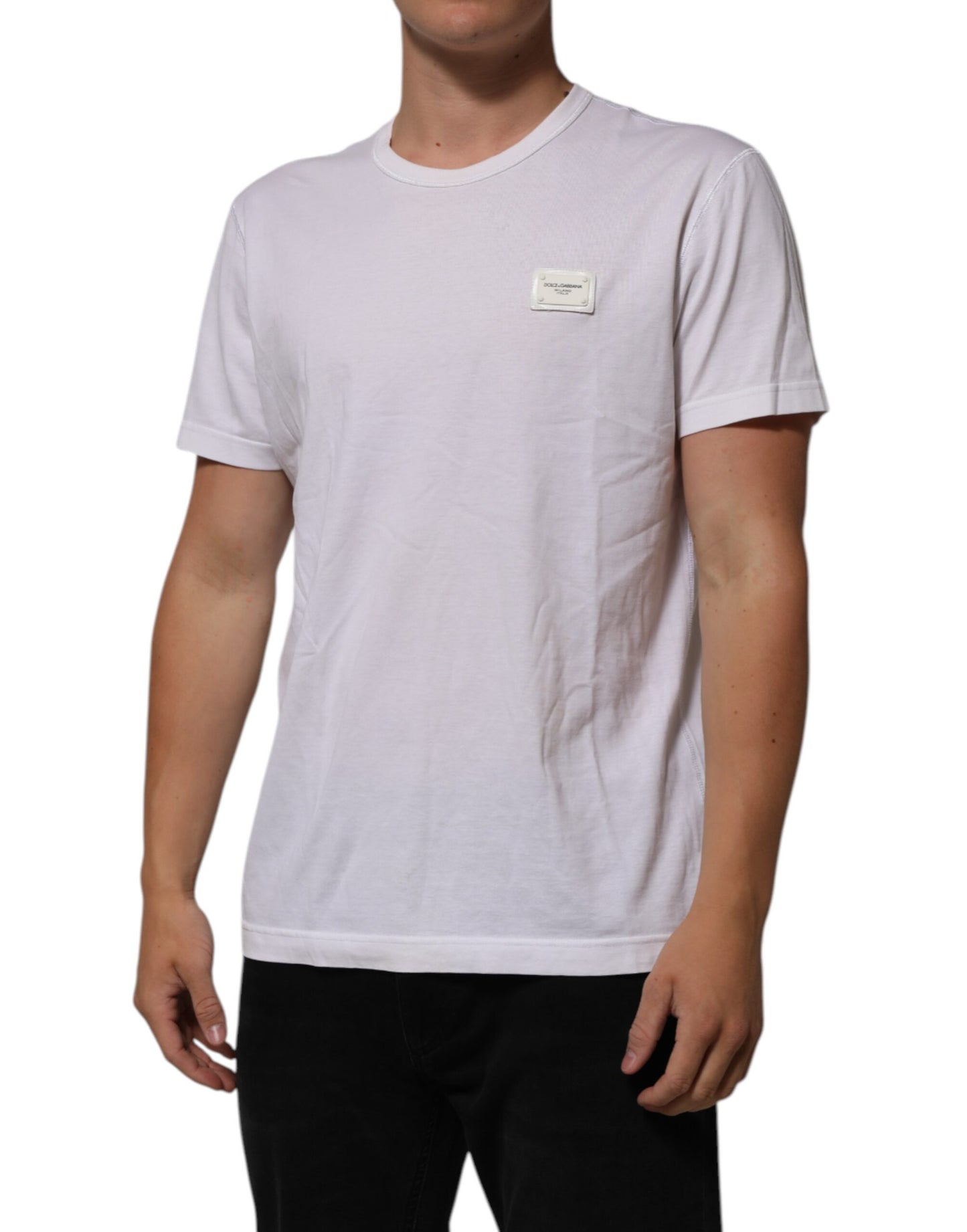Dolce & Gabbana Weißes Baumwoll-Logo-Patch Rundhalsausschnitt Herren-T-Shirt