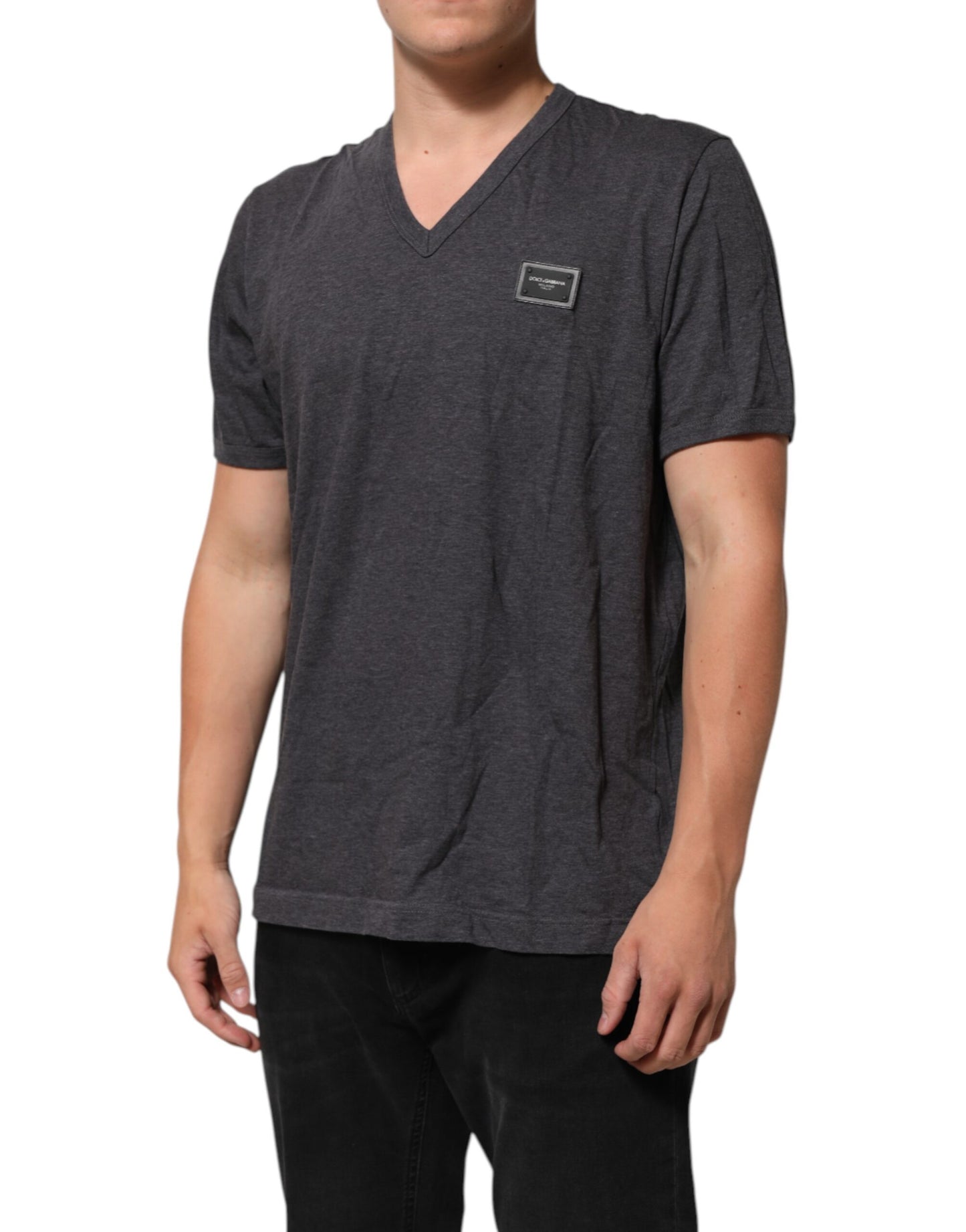 Dolce & Gabbana Graues T-Shirt mit V-Ausschnitt aus Baumwolle und Logo-Plakette in Melange-Optik