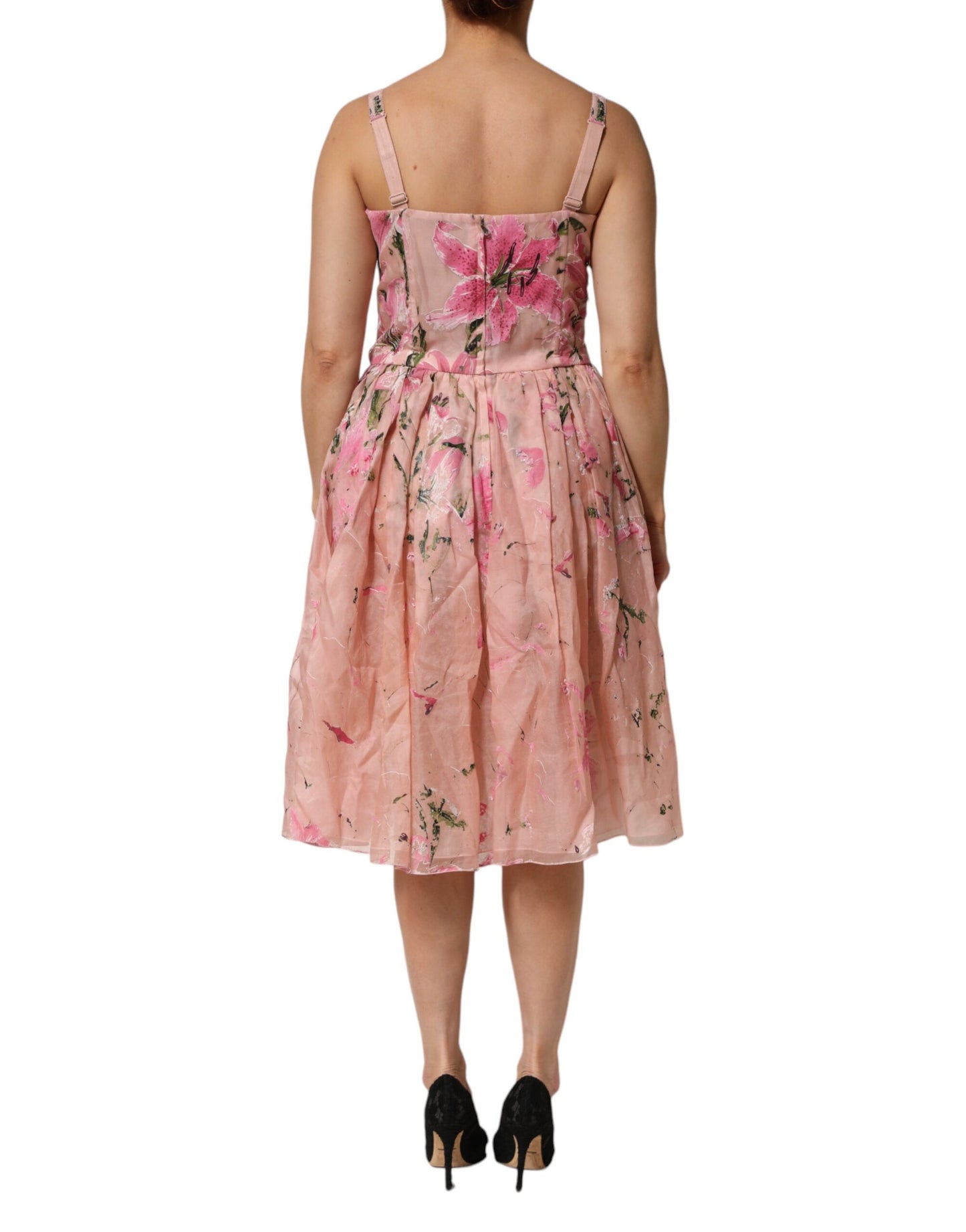 Dolce & Gabbana Rosa geblümtes ärmelloses Kleid aus Baumwolle mit Falten