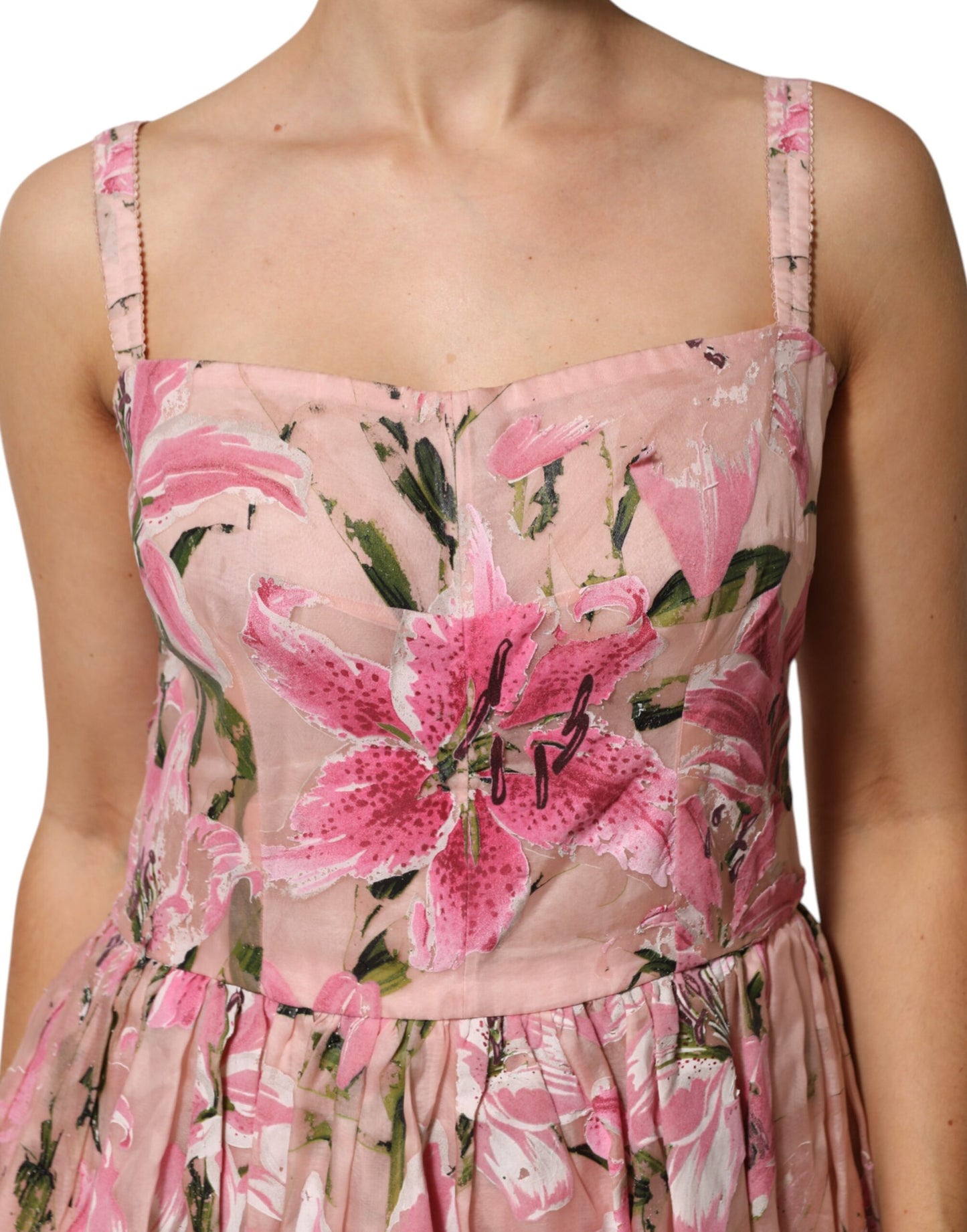 Dolce & Gabbana Rosa geblümtes ärmelloses Kleid aus Baumwolle mit Falten