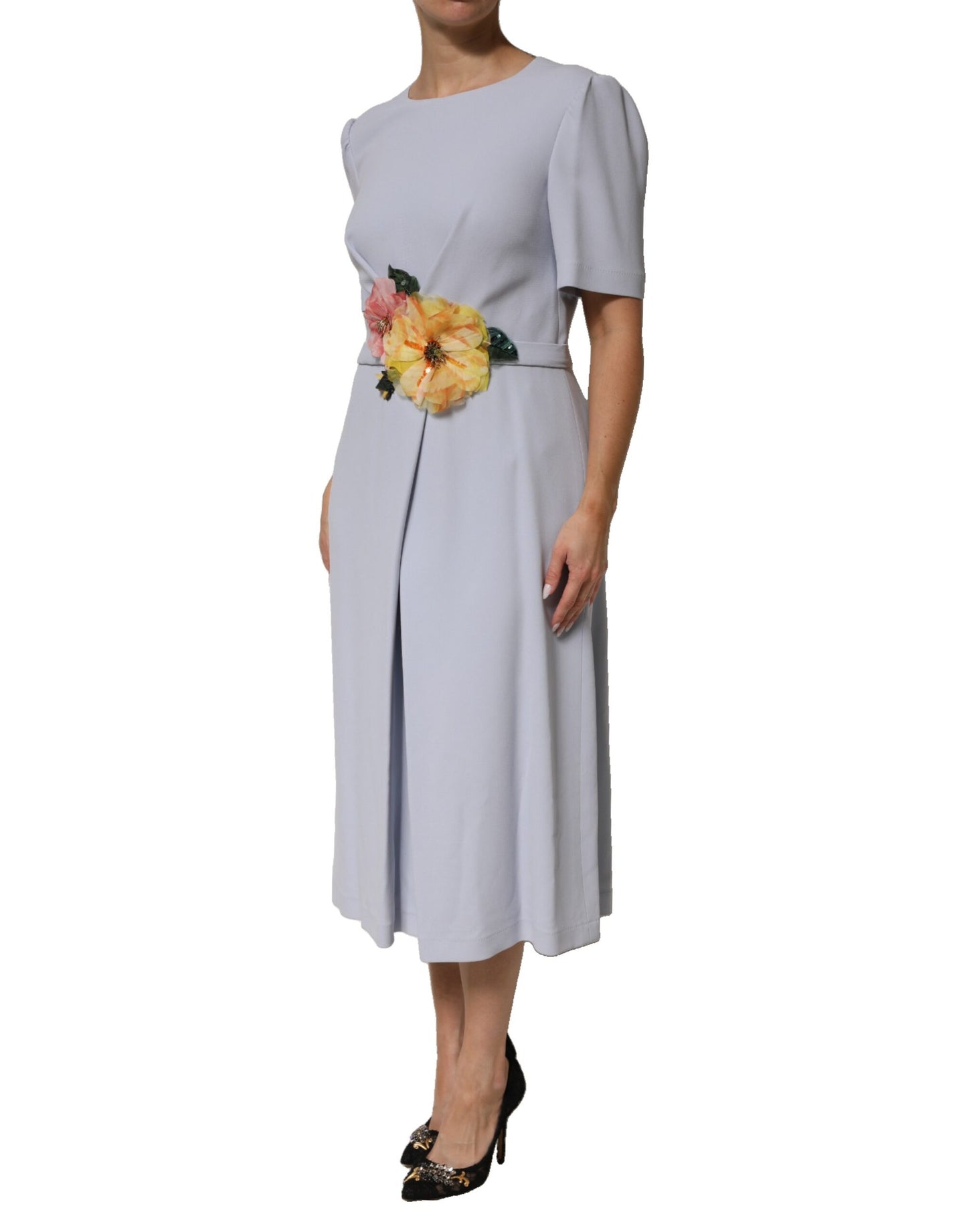 Dolce & Gabbana Hellblaues Kleid mit Blumenapplikationen aus einer Viskosemischung
