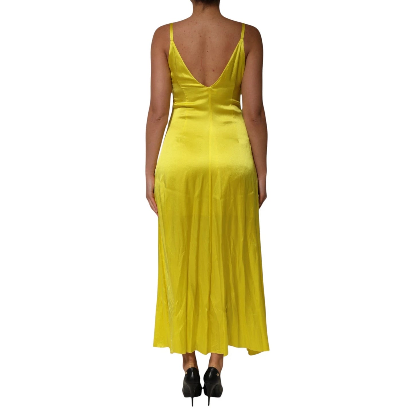 Tonello Gelbes Seiden-Satin-Slip-Maxi-Kleid mit Spaghetti-Trägern