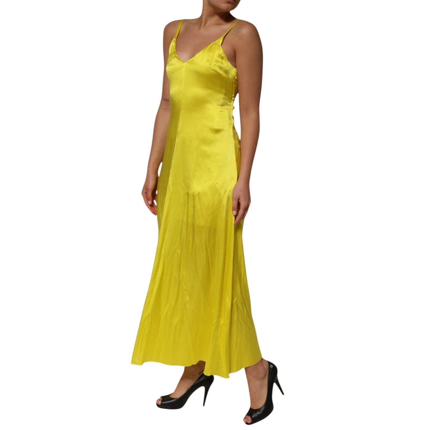 Tonello Gelbes Seiden-Satin-Slip-Maxi-Kleid mit Spaghetti-Trägern