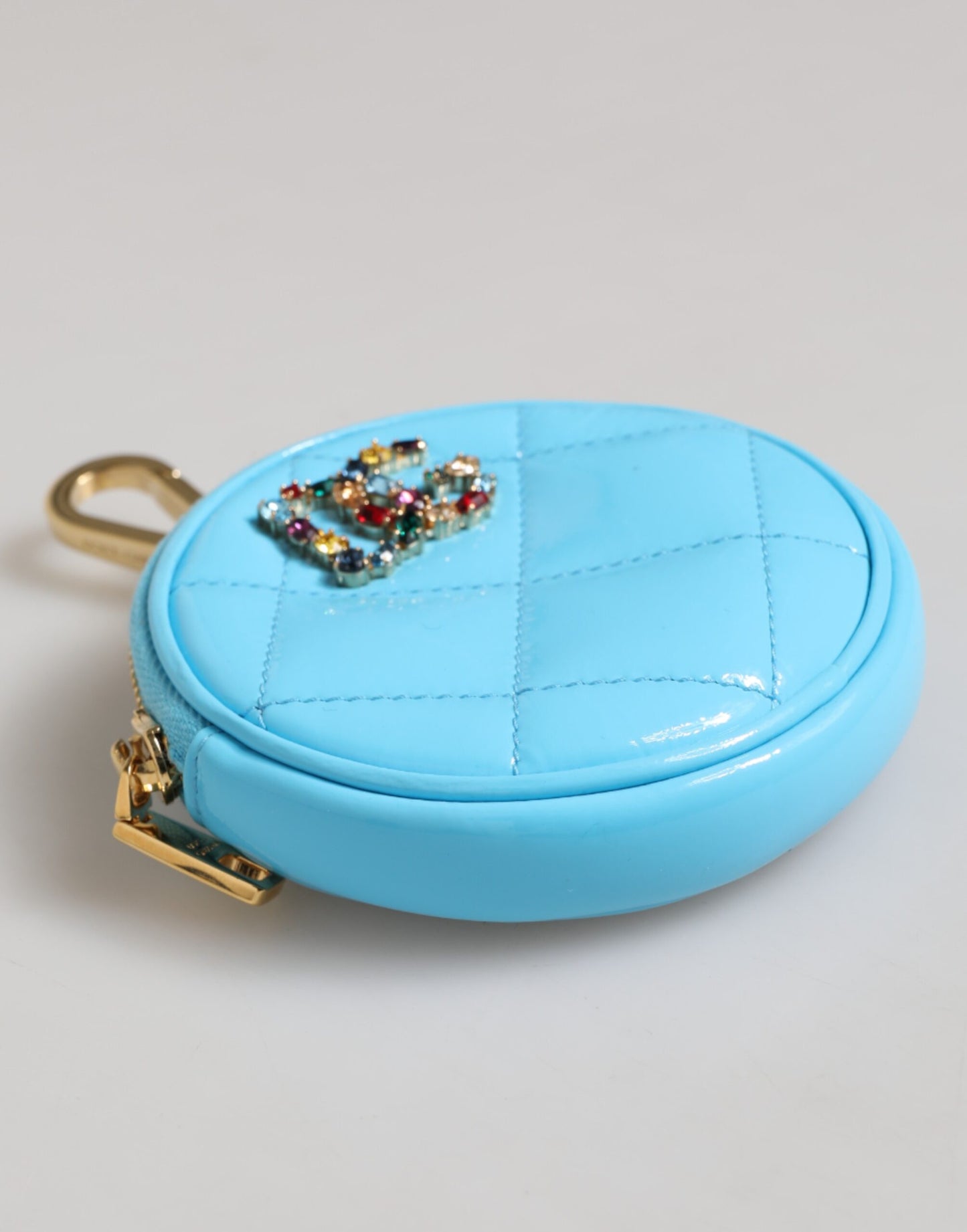 Dolce & Gabbana Azurblaue Leder Runde Münze Geldbörse Schlüsselanhänger Crystal Logo Brieftasche