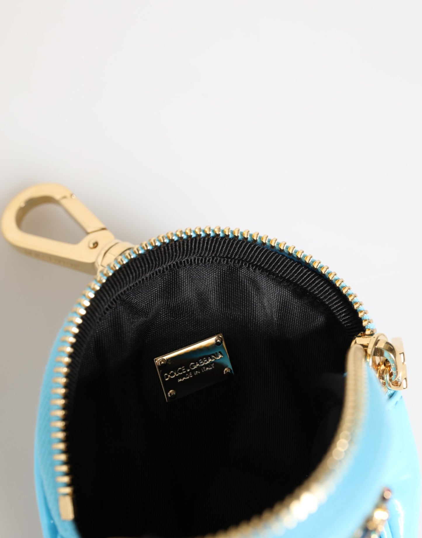 Dolce & Gabbana Azurblaue Leder Runde Münze Geldbörse Schlüsselanhänger Crystal Logo Brieftasche