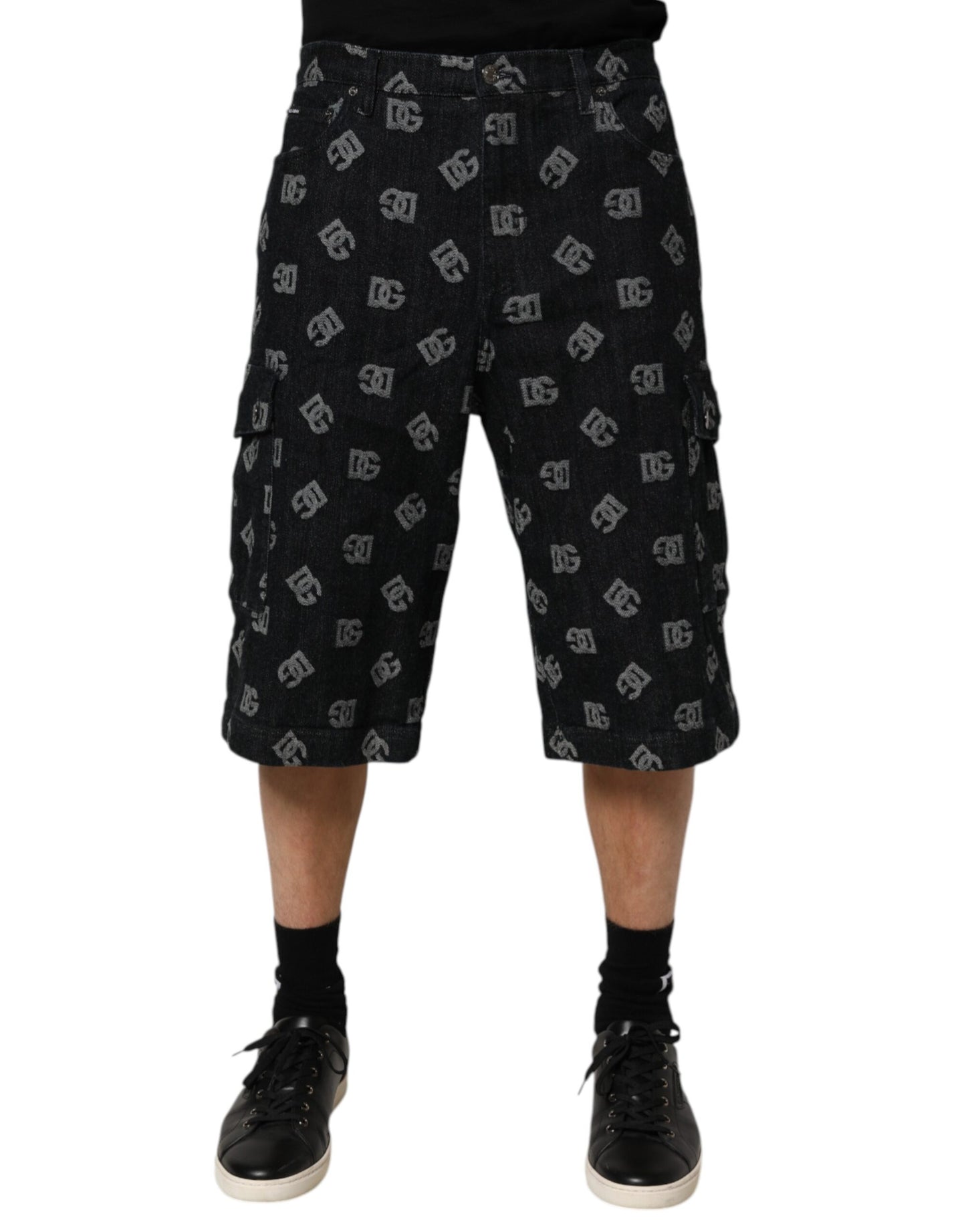 Dolce & Gabbana Schwarzes Monogramm Denim Cargo Herren Bermuda Short