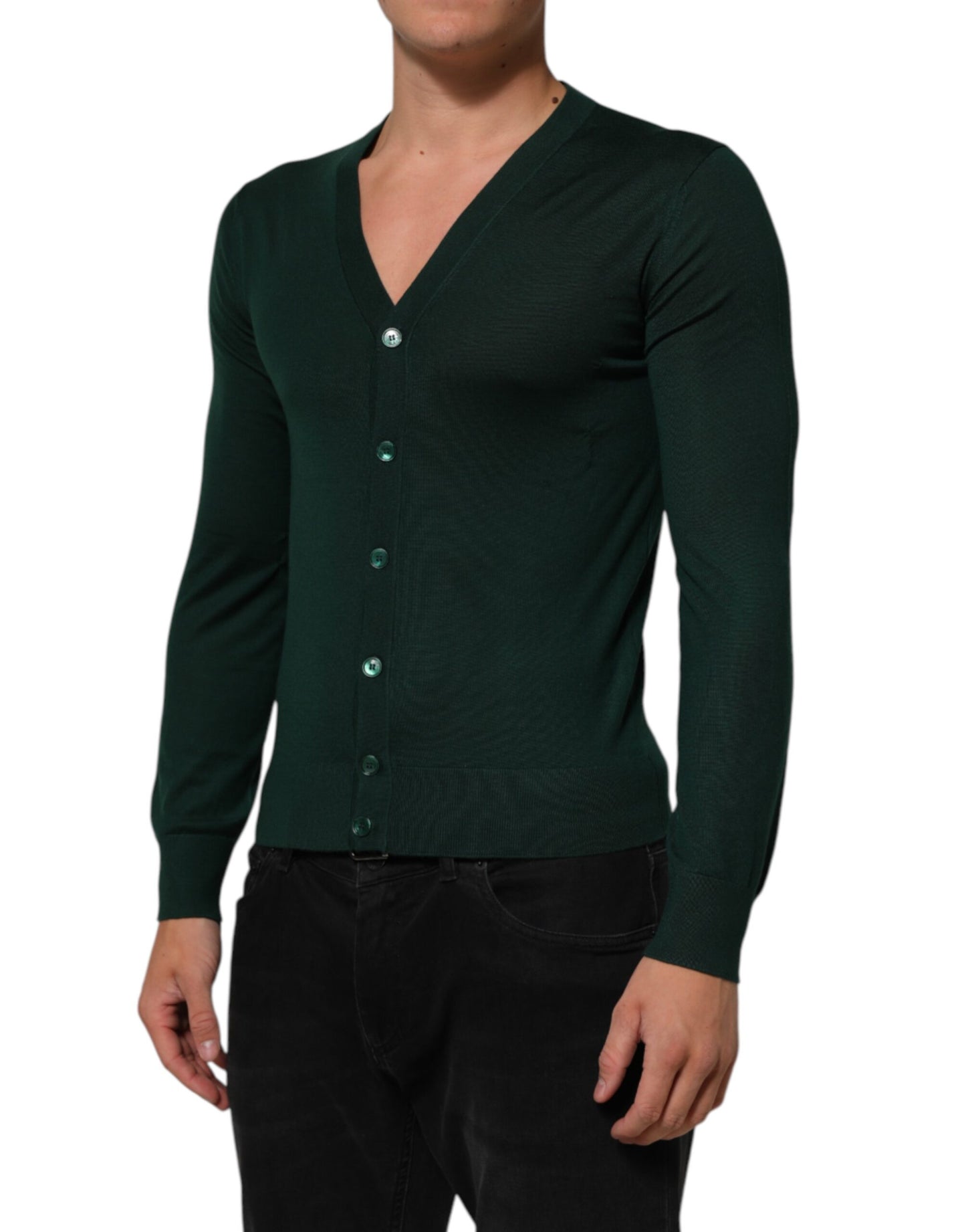 Dolce & Gabbana Dunkelgrüner Button Down Herren Strickjacke Pullover