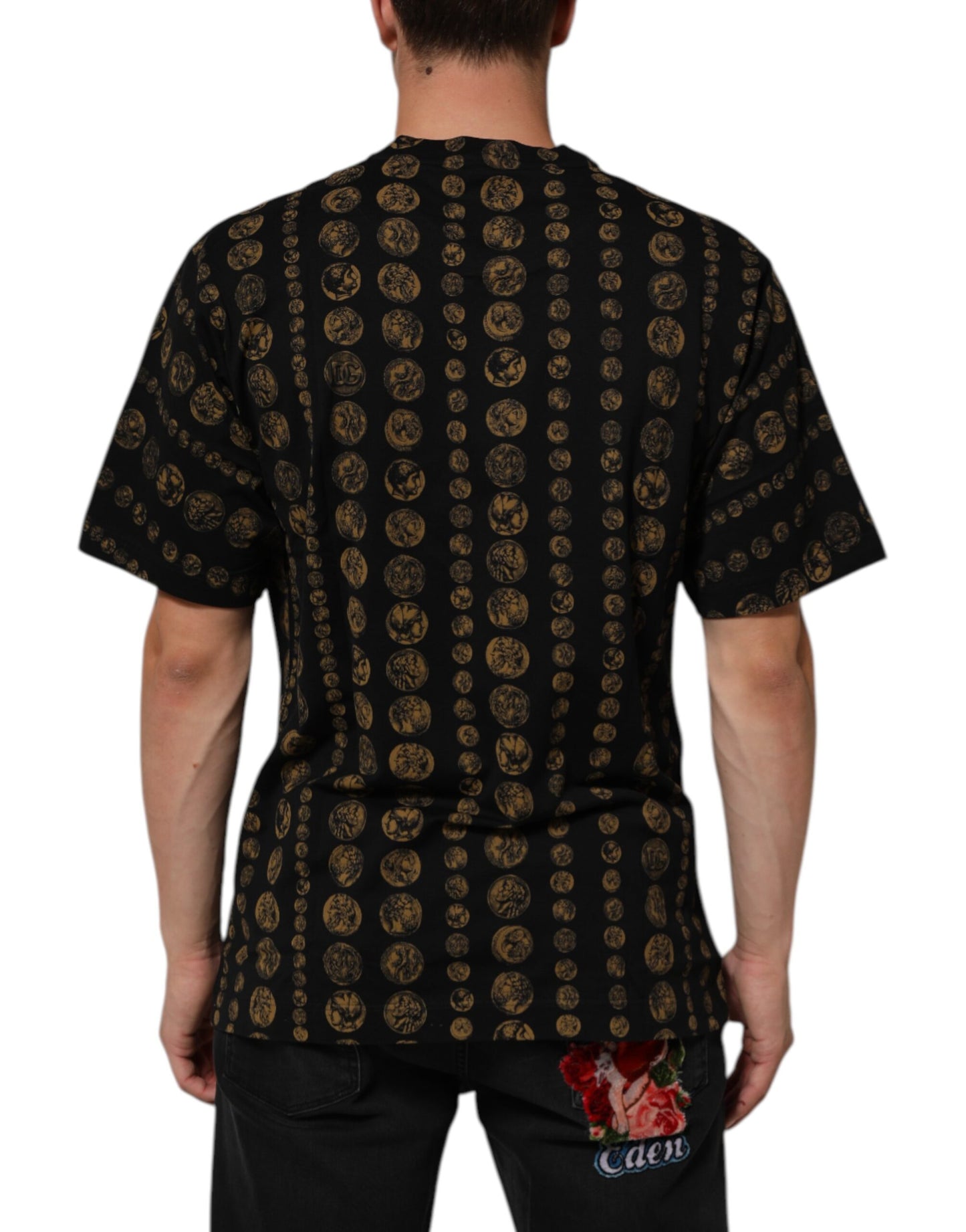 Dolce & Gabbana Schwarzes Baumwoll-T-Shirt mit Rundhalsausschnitt und Münzdruck