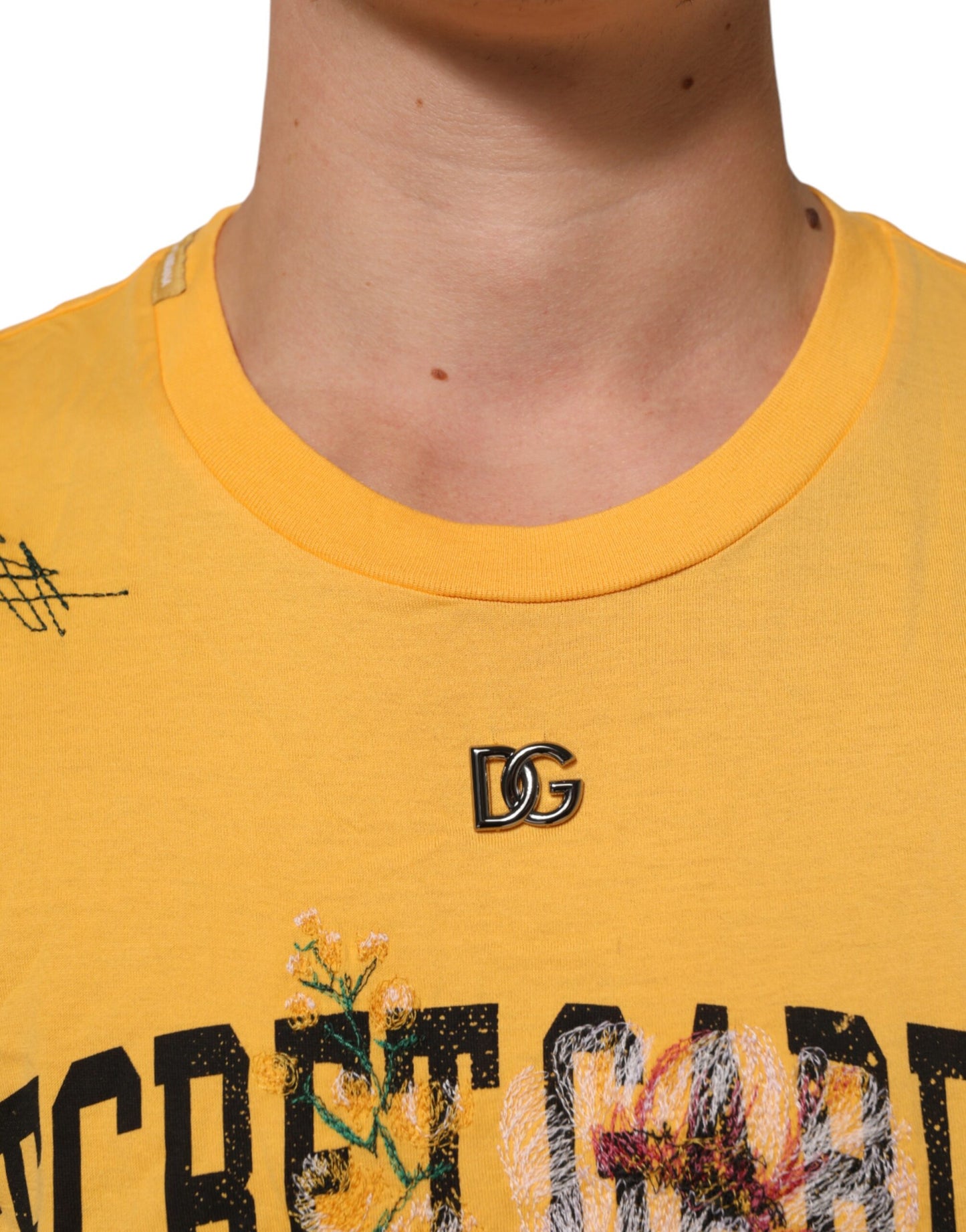 Dolce & Gabbana Gelbes Secret Graden Floral Baumwoll-T-Shirt mit Rundhalsausschnitt