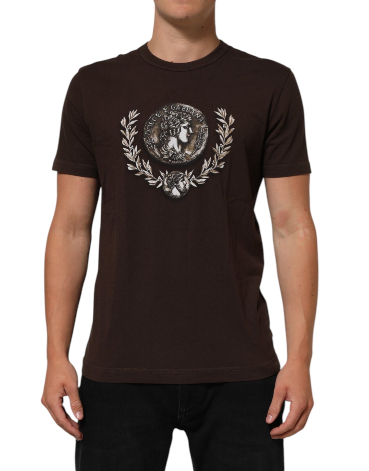 Dolce & Gabbana Braunes Münzlorbeer-T-Shirt mit Rundhalsausschnitt für Männer