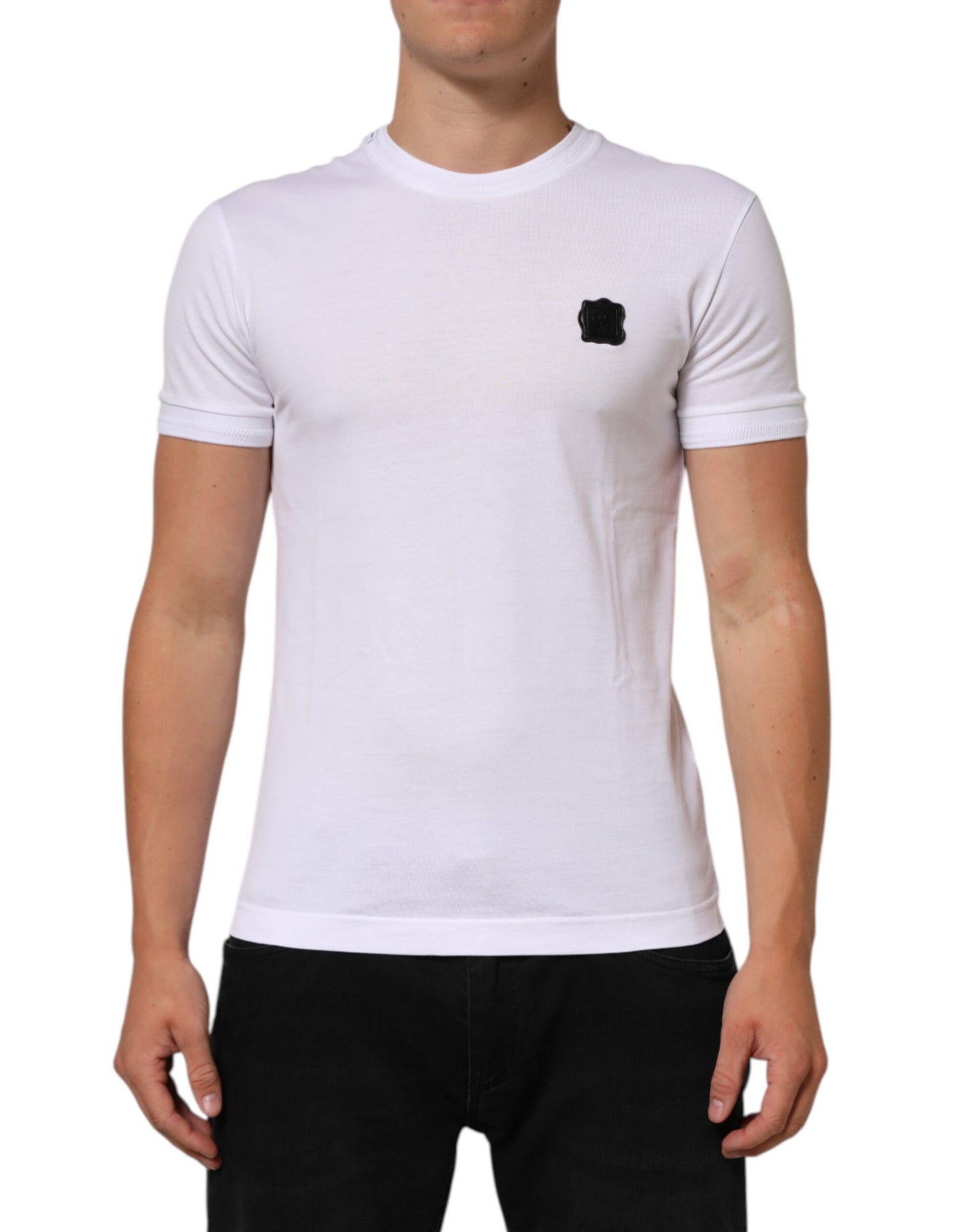 Dolce & Gabbana Weißes T-Shirt mit Rundhalsausschnitt und Logo-Patch aus Baumwolle