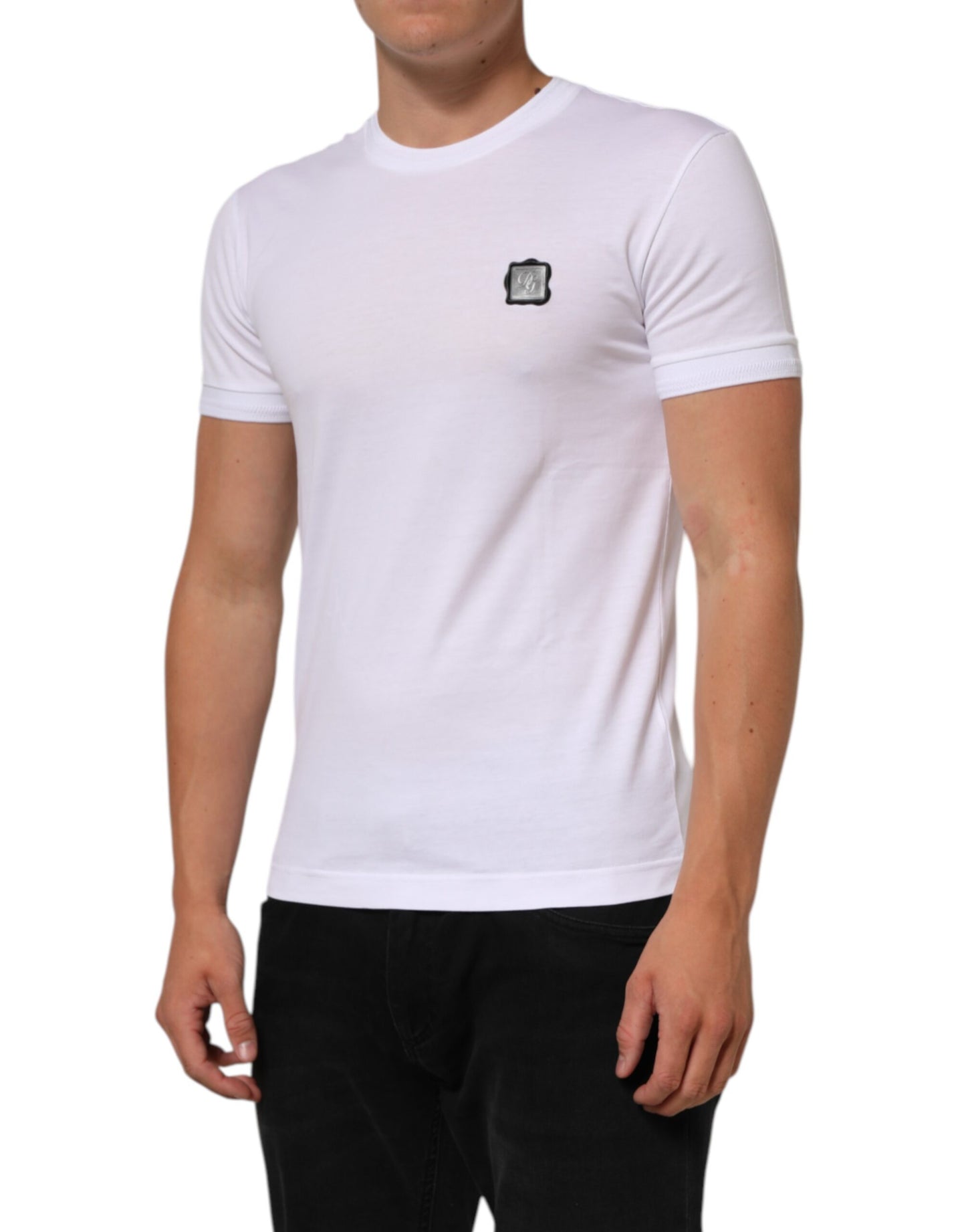 Dolce & Gabbana Weißes T-Shirt mit Rundhalsausschnitt und Logo-Patch aus Baumwolle