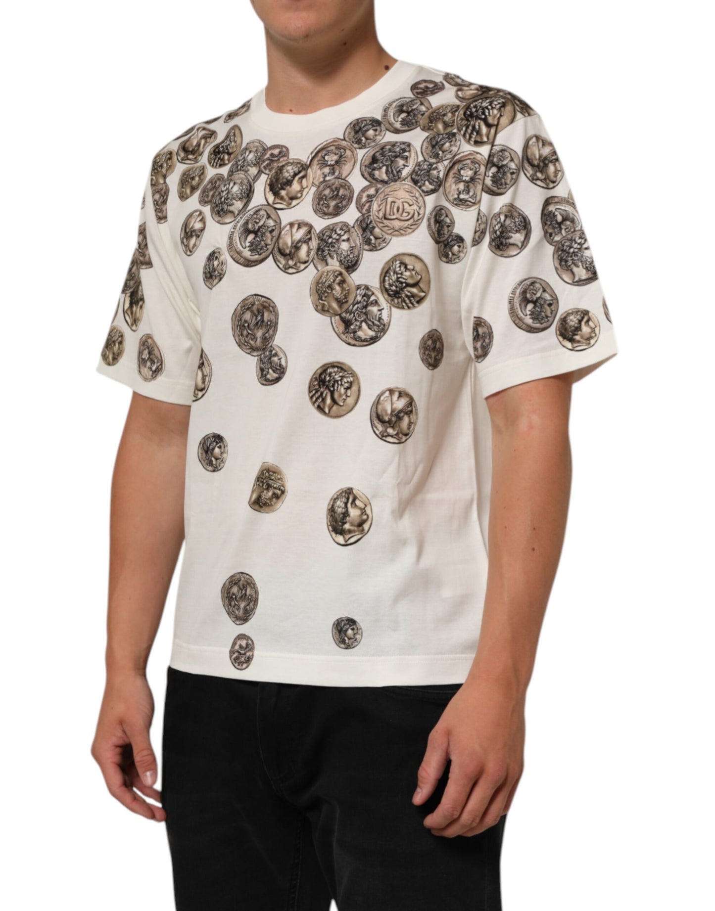 Dolce & Gabbana Weißes Baumwoll-T-Shirt mit Münzdruck und Rundhalsausschnitt für Männer