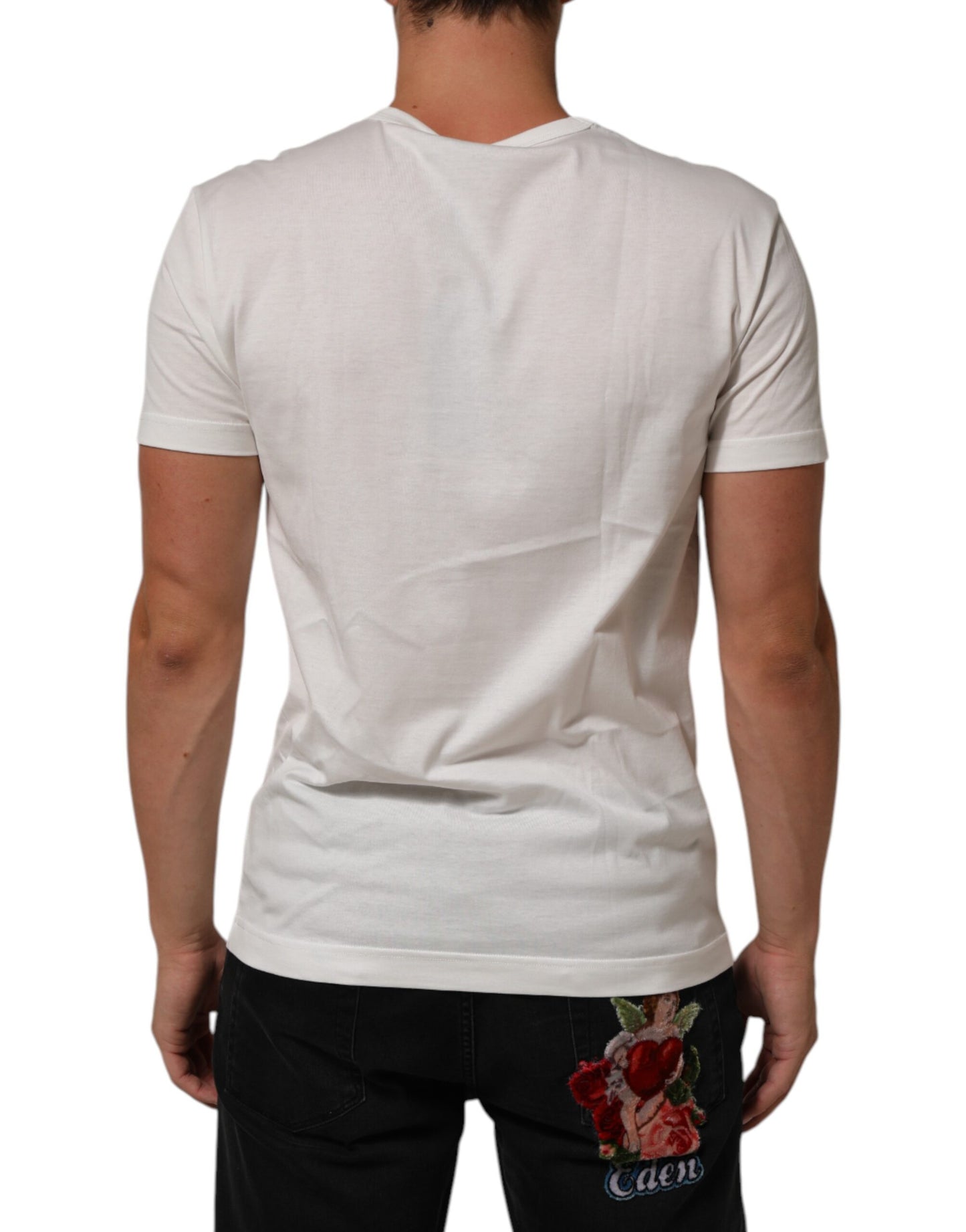Dolce & Gabbana Weißes Logo Patch Baumwolle Rundhalsausschnitt Männer T-Shirt