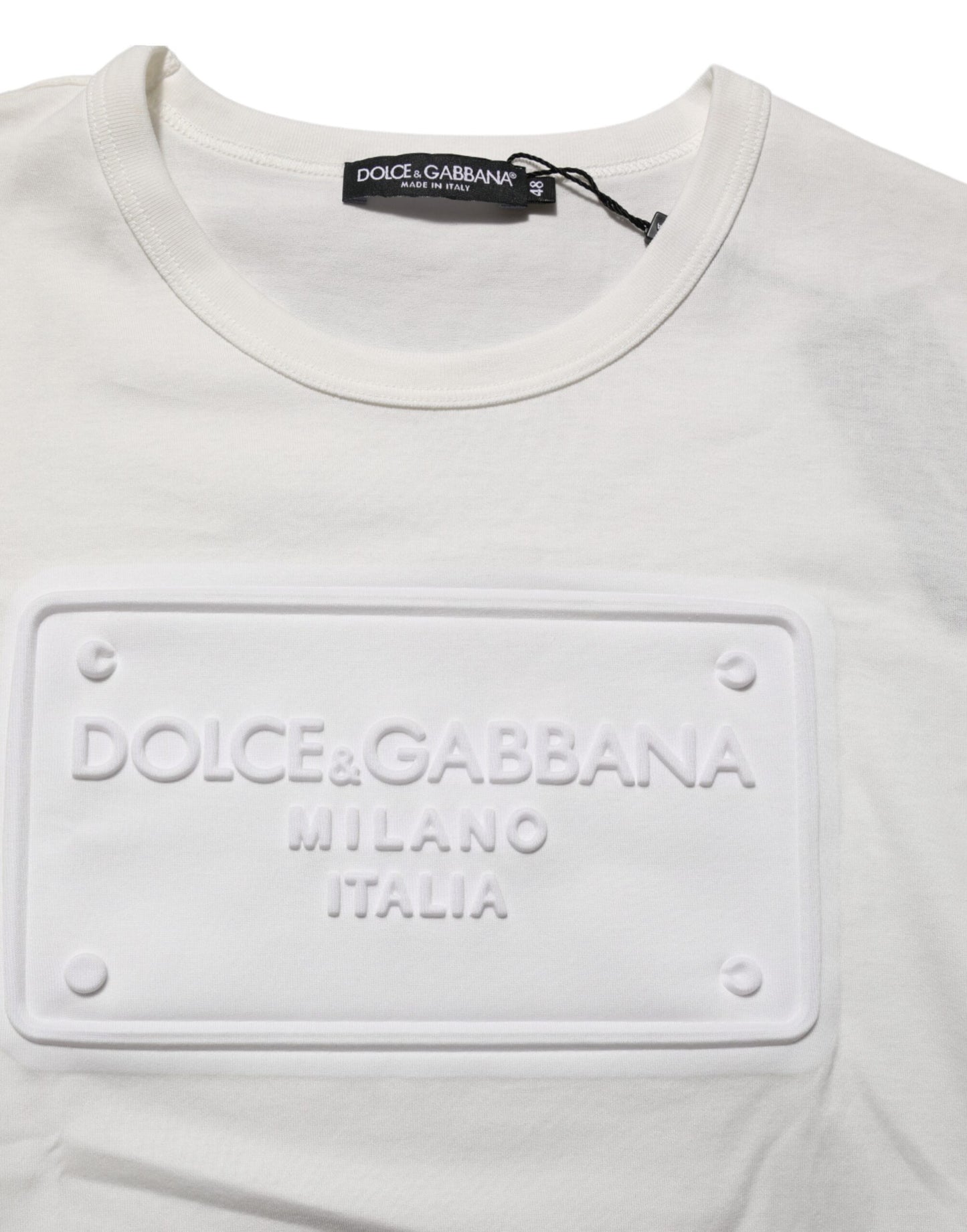 Dolce & Gabbana Weißes Logo Patch Baumwolle Rundhalsausschnitt Männer T-Shirt