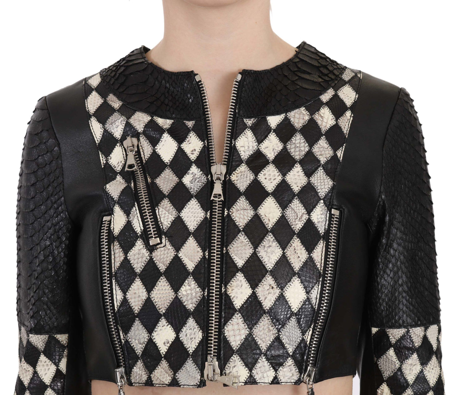 John Richmond Schwarz Weiß Leder Kurzer Cropped Biker Jacke Mantel
