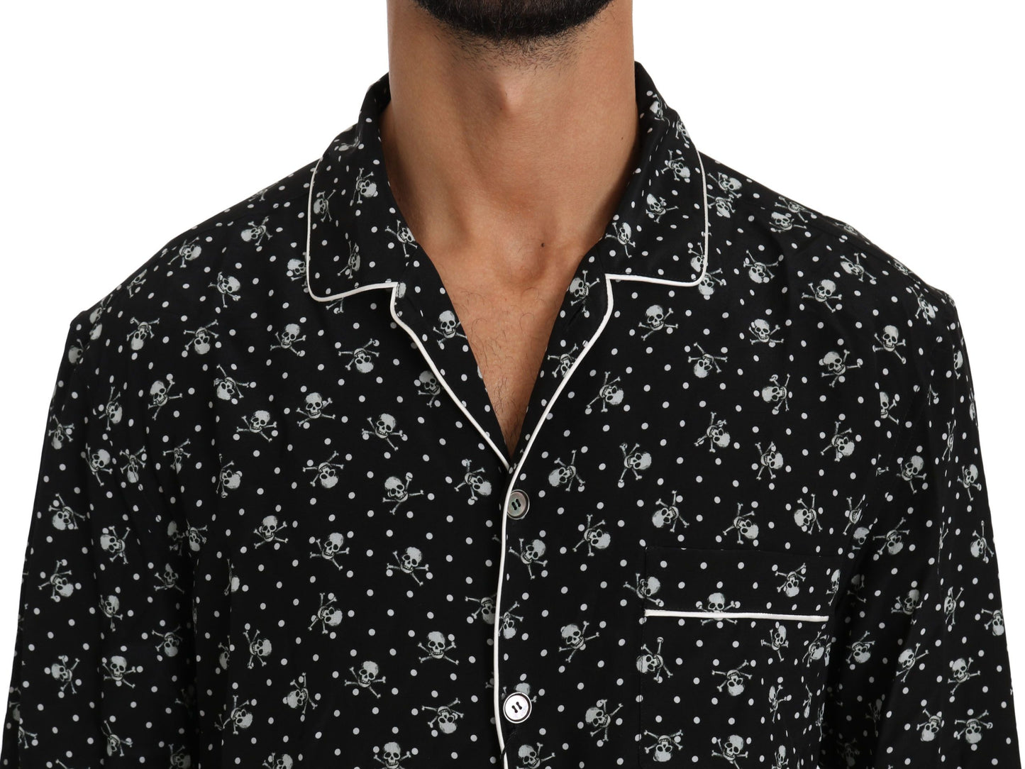 Dolce & Gabbana Schwarzer Totenkopfdruck Seidenschlafanzug Shirt