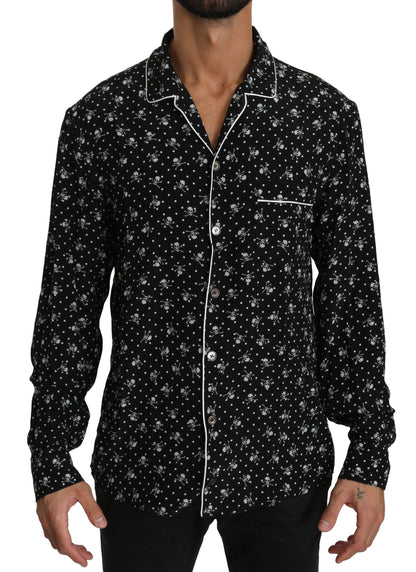 Dolce & Gabbana Schwarzer Totenkopfdruck Seidenschlafanzug Shirt