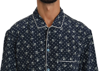 Dolce & Gabbana Blaues Seidentop mit Totenkopfdruck Nachtwäsche Shirt