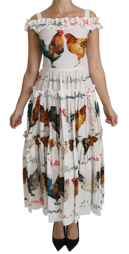 Dolce & Gabbana Weißer Hahn Etuikleid Midi aus Baumwolle