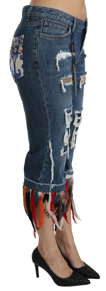 Dolce & Gabbana Blaue Federn Niedrig taillierte Jeans aus Baumwolle