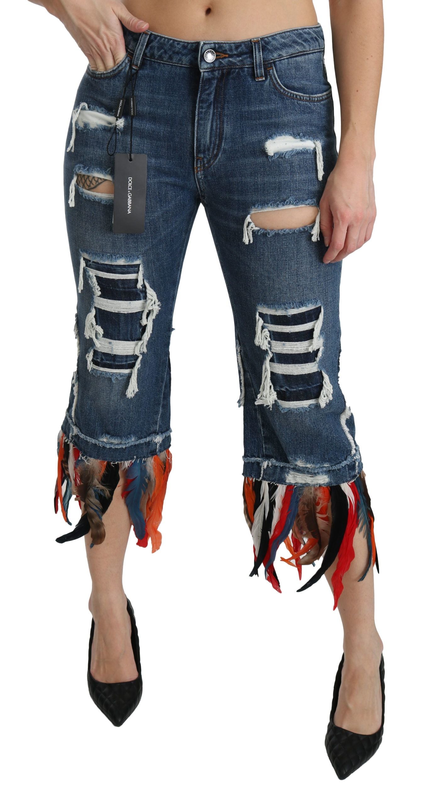 Dolce & Gabbana Blaue Federn Niedrig taillierte Jeans aus Baumwolle