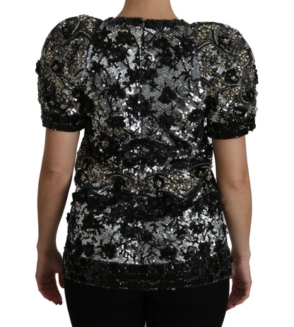 Dolce & Gabbana Schwarzes paillettenbesetztes und kristallverziertes Blusentop