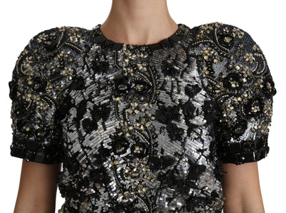 Dolce & Gabbana Schwarzes paillettenbesetztes und kristallverziertes Blusentop