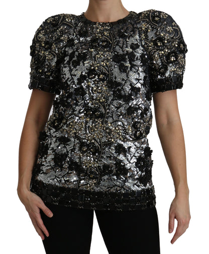 Dolce & Gabbana Schwarzes paillettenbesetztes und kristallverziertes Blusentop