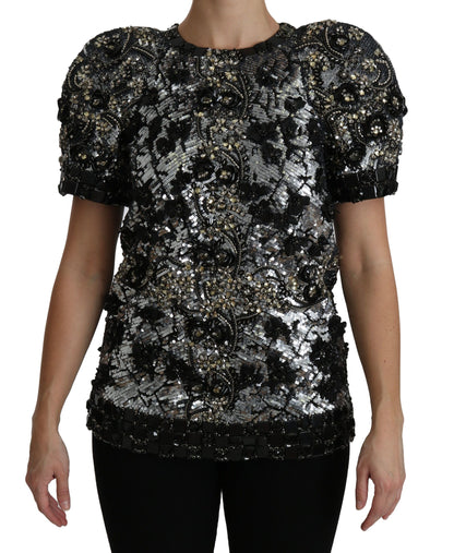 Dolce & Gabbana Schwarzes paillettenbesetztes und kristallverziertes Blusentop