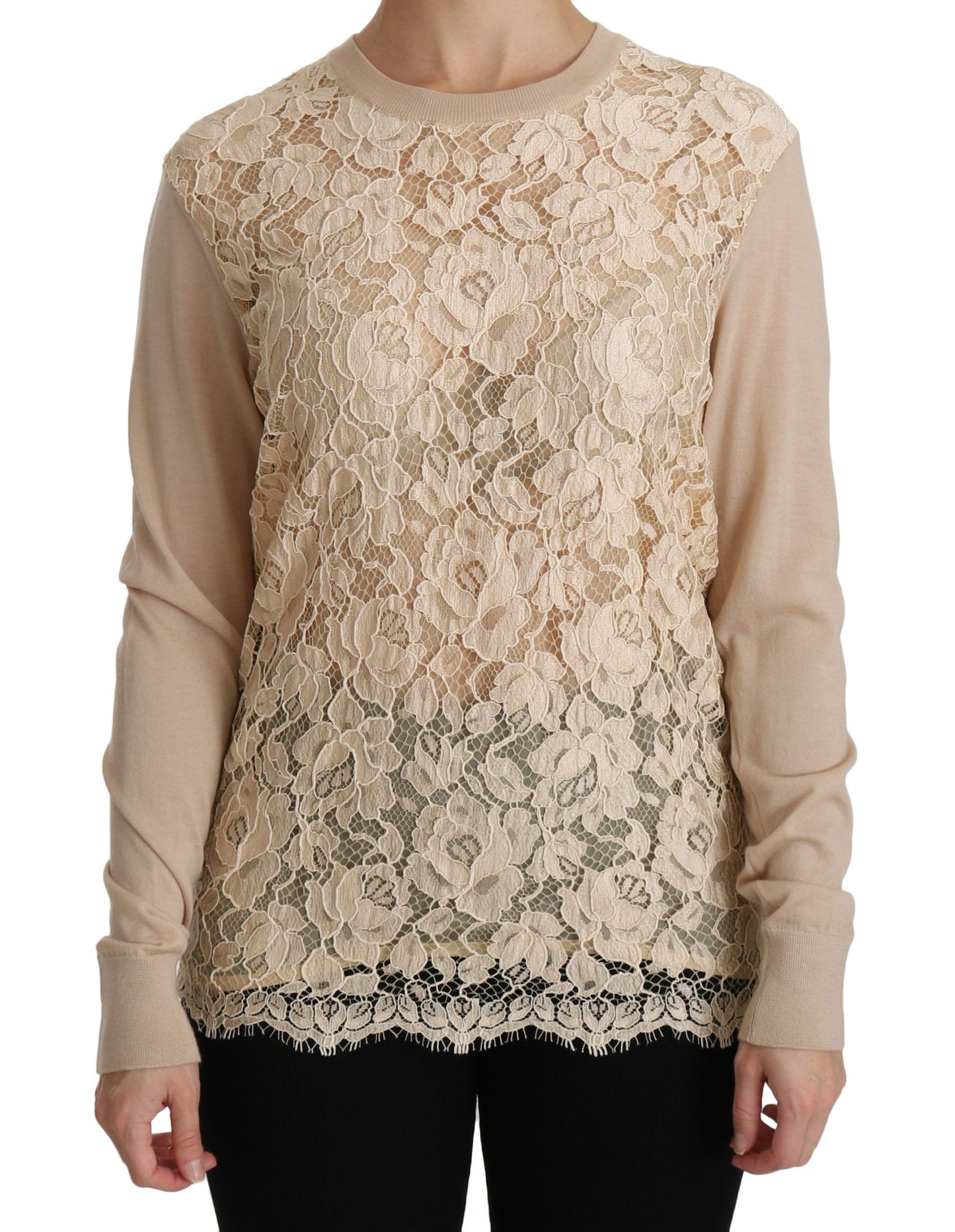 Dolce & Gabbana Beigefarbenes Langarm-Top aus Spitze Kaschmirbluse