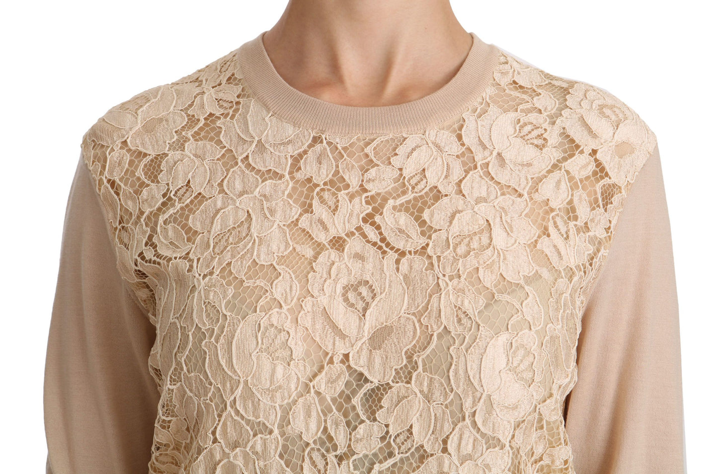 Dolce & Gabbana Beigefarbenes Langarm-Top aus Spitze Kaschmirbluse