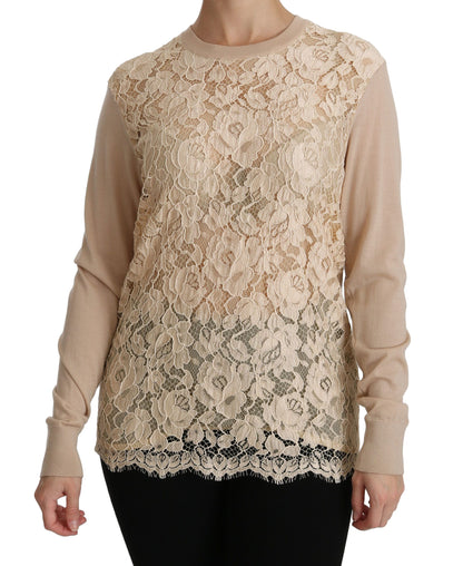 Dolce & Gabbana Beigefarbenes Langarm-Top aus Spitze Kaschmirbluse