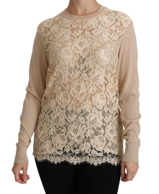 Dolce & Gabbana Beigefarbenes Langarm-Top aus Spitze Kaschmirbluse