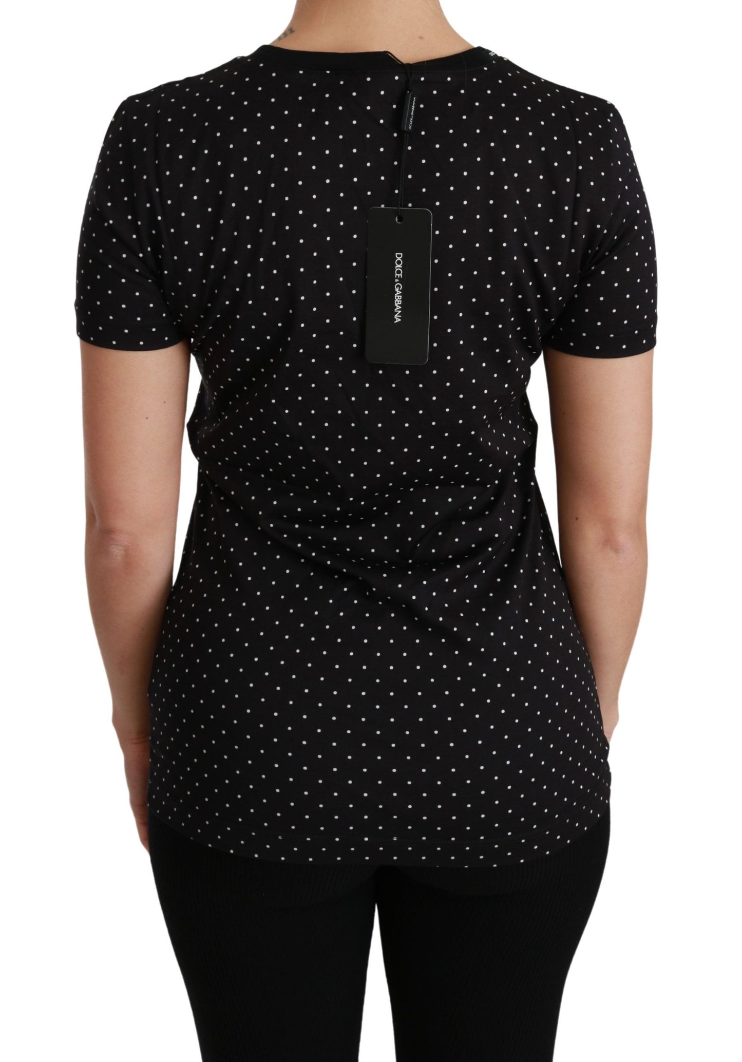 Dolce & Gabbana Schwarzes gepunktetes Baumwoll-T-Shirt mit Rundhalsausschnitt