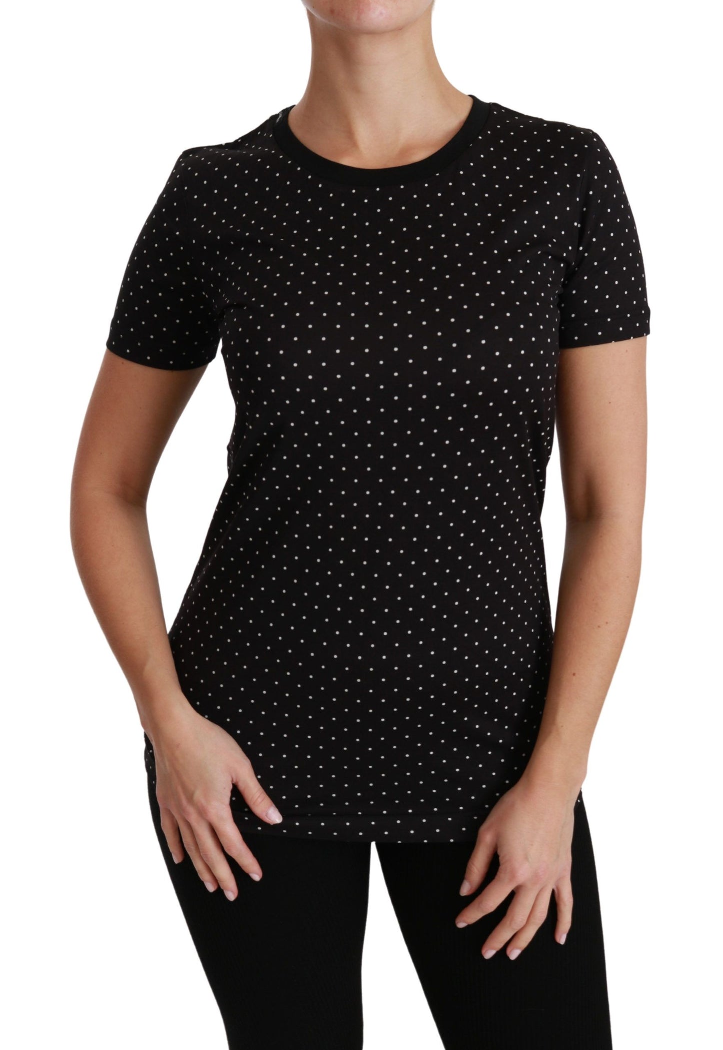 Dolce & Gabbana Schwarzes gepunktetes Baumwoll-T-Shirt mit Rundhalsausschnitt