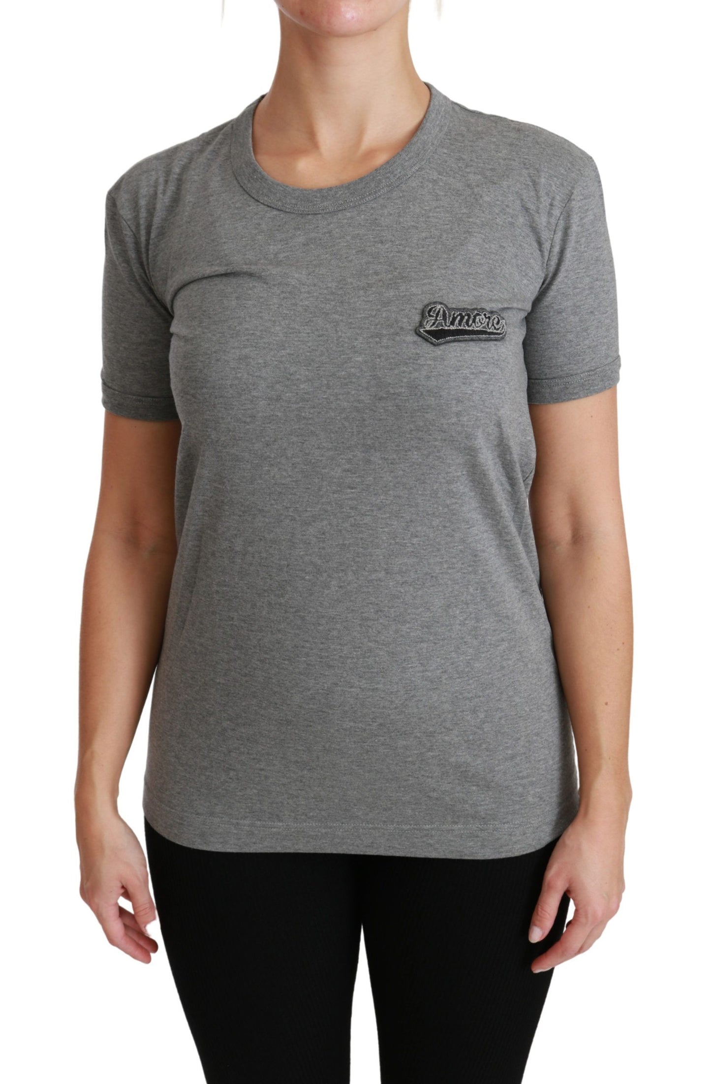 Dolce & Gabbana Graues Amore Patch Baumwoll-T-Shirt mit Rundhalsausschnitt