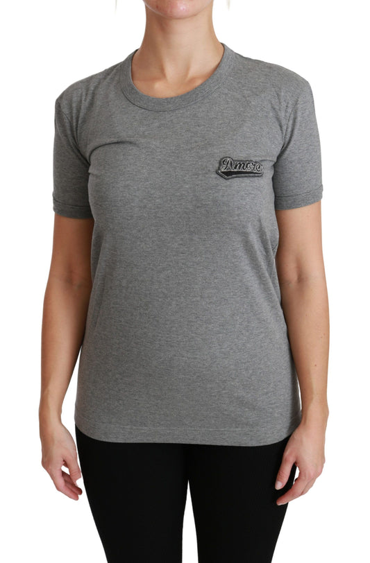 Dolce & Gabbana Graues Amore Patch Baumwoll-T-Shirt mit Rundhalsausschnitt
