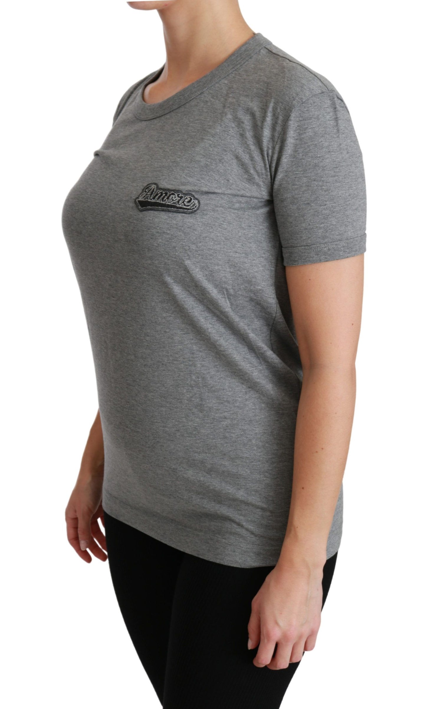 Dolce & Gabbana Graues Amore Patch Baumwoll-T-Shirt mit Rundhalsausschnitt