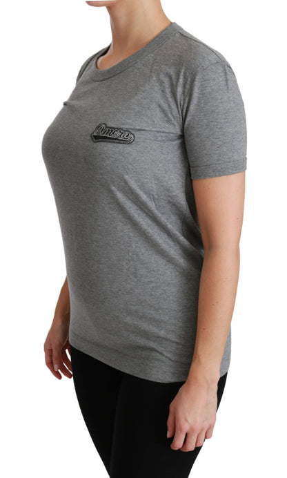 Dolce & Gabbana Graues Amore Patch Baumwoll-T-Shirt mit Rundhalsausschnitt