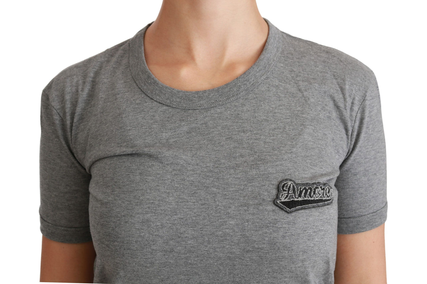 Dolce & Gabbana Graues Amore Patch Baumwoll-T-Shirt mit Rundhalsausschnitt