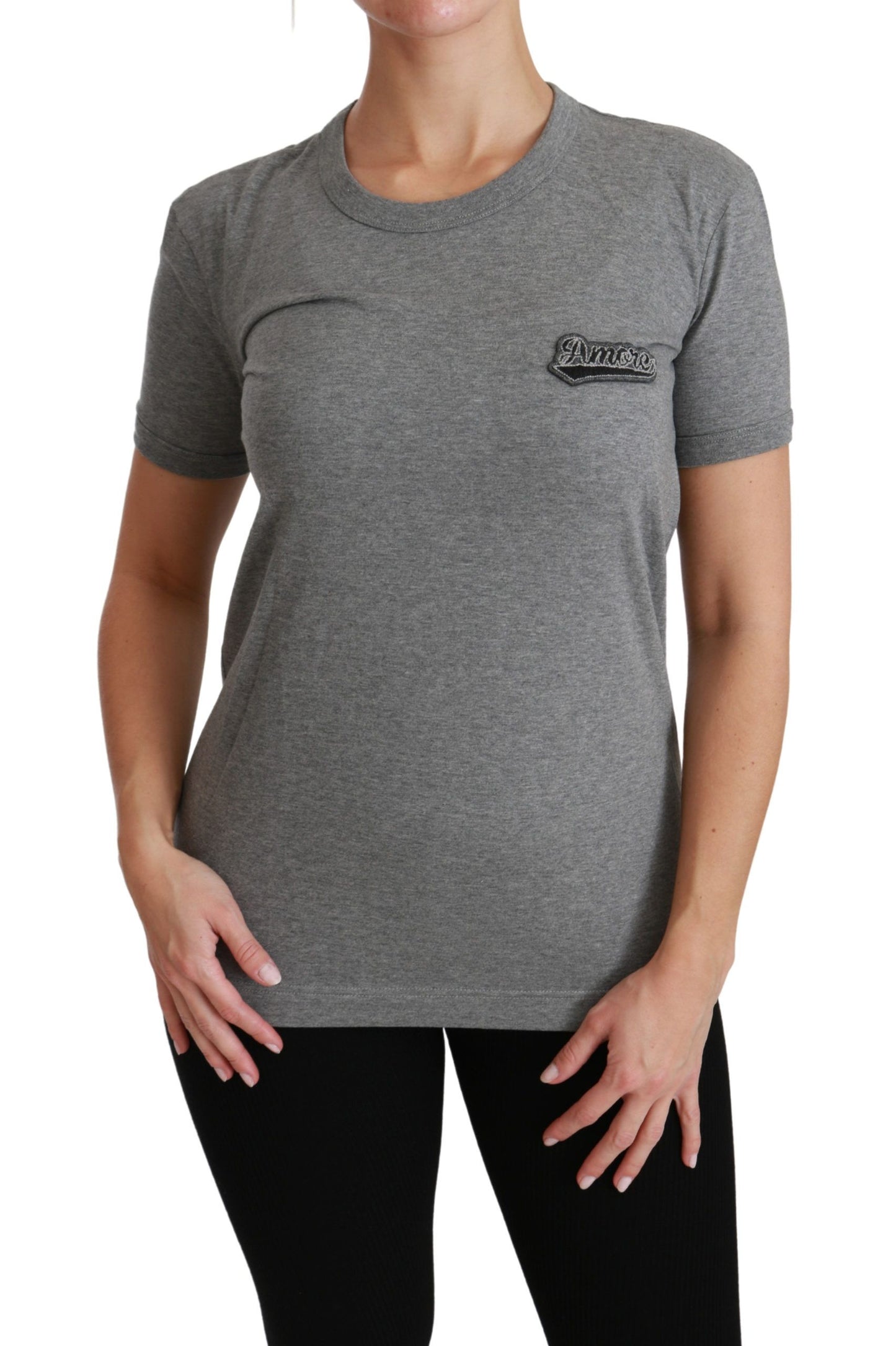 Dolce & Gabbana Graues Amore Patch Baumwoll-T-Shirt mit Rundhalsausschnitt
