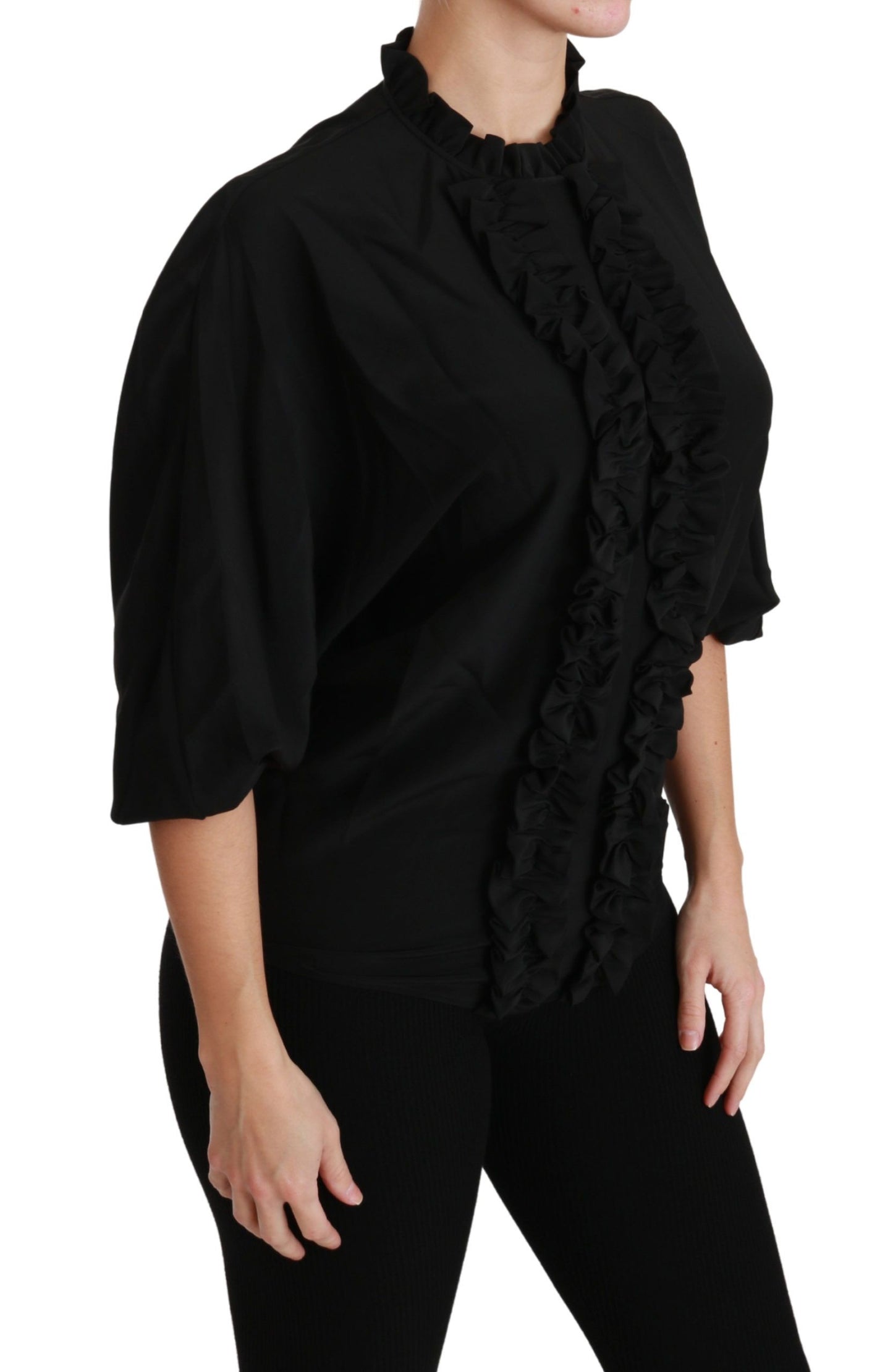 Dolce & Gabbana Schwarzes Seidenhemd Gerafftes Top Bluse
