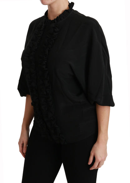 Dolce & Gabbana Schwarzes Seidenhemd Gerafftes Top Bluse