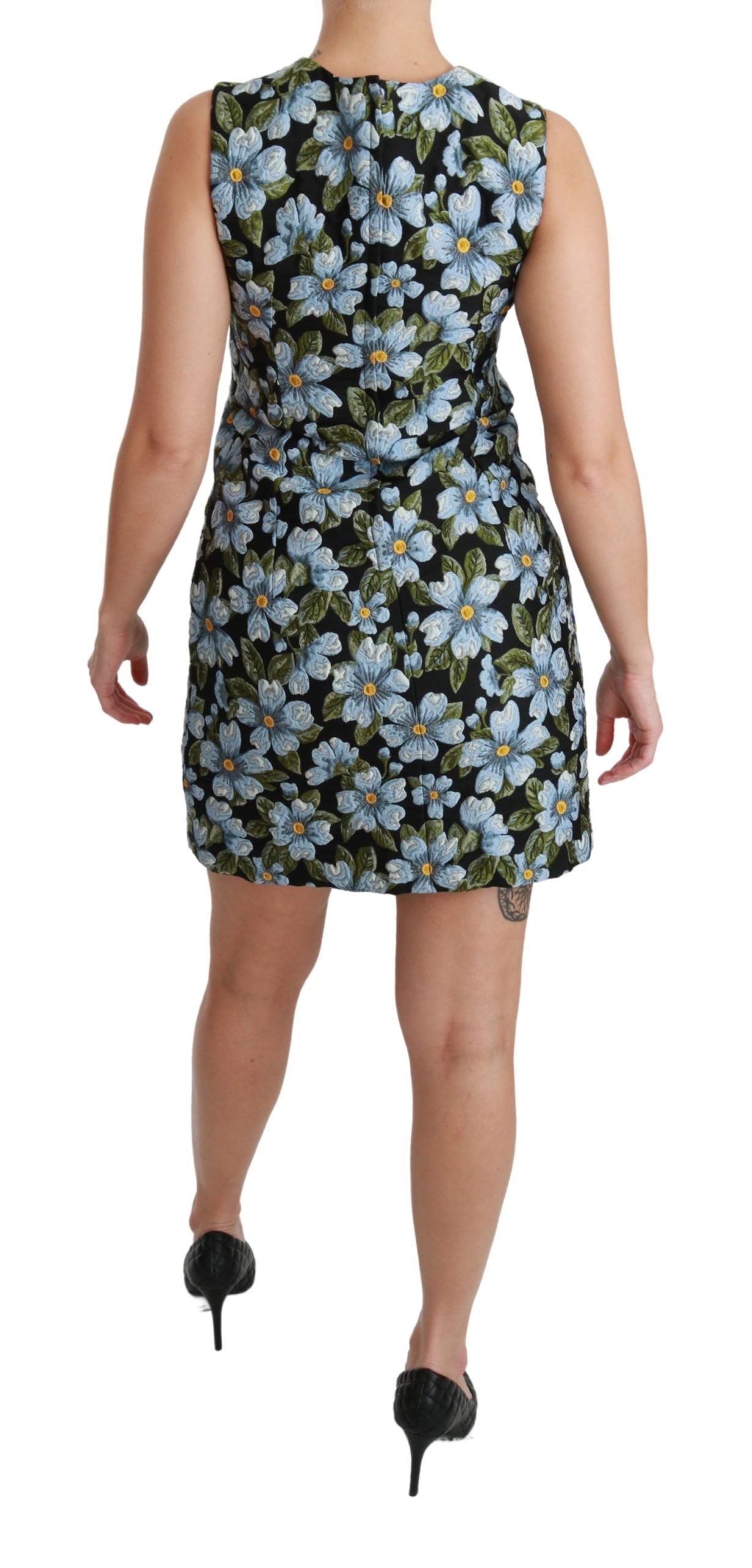 Dolce & Gabbana Blaues Brokatkleid mit Blumenmuster Shift-Kleid